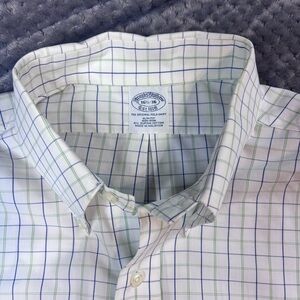 Brooks Brothers Men's White Shirt with Blue and Green Plaid